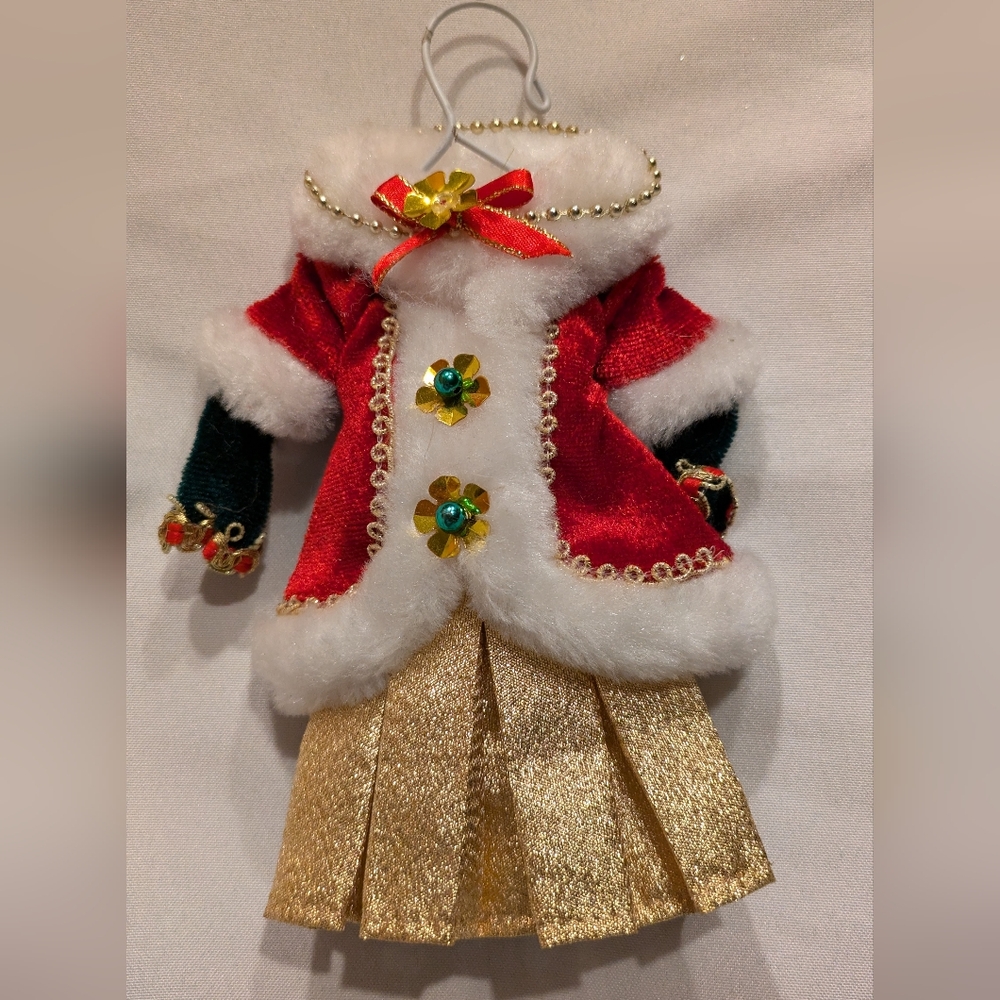 Vintage Ornament Victorian Santa Dress Red Cloth on Hanger Handmade    